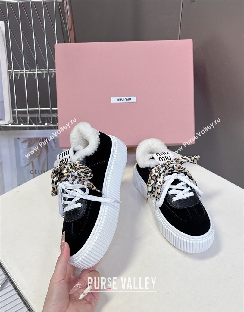 Miu Miu Suede and Wool Sneakers 4.5cm with Double Lace Black 2025 1024 (MD-251024091)