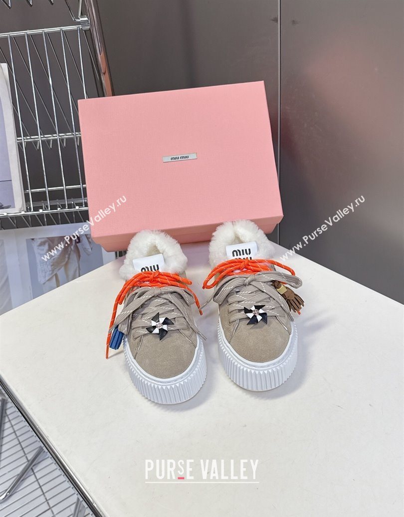 Miu Miu Suede and Wool Platform Sneakers 4.5cm with Charm Beige 2025 1024 (MD-251024098)