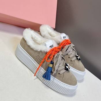 Miu Miu Suede and Wool Platform Sneakers 4.5cm with Charm Beige 2025 1024 (MD-251024098)