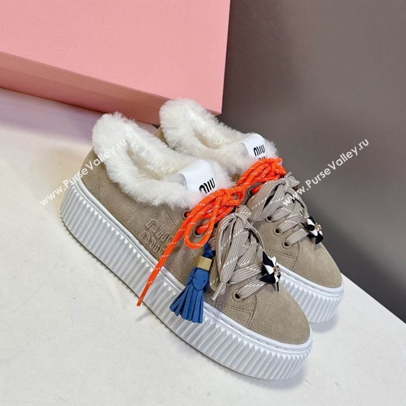Miu Miu Suede and Wool Platform Sneakers 4.5cm with Charm Beige 2025 1024 (MD-251024098)