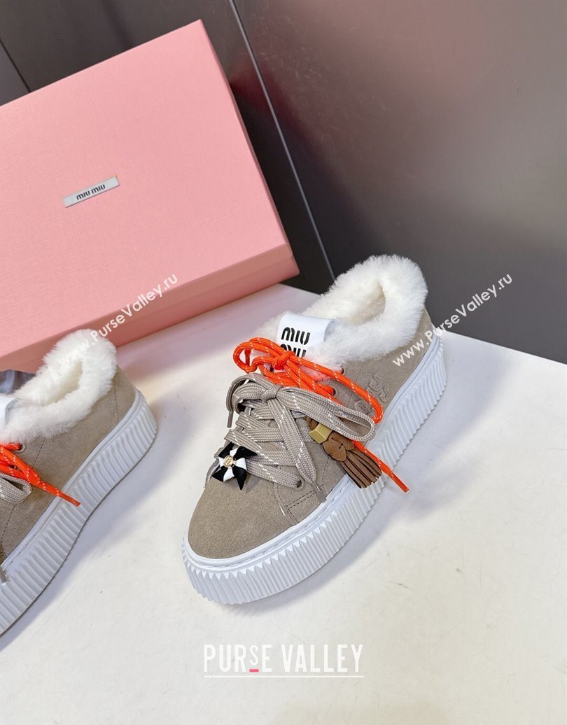 Miu Miu Suede and Wool Platform Sneakers 4.5cm with Charm Beige 2025 1024 (MD-251024098)