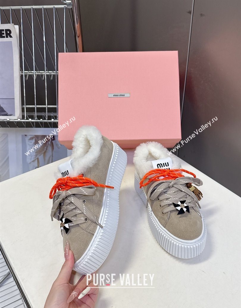 Miu Miu Suede and Wool Platform Sneakers 4.5cm with Charm Beige 2025 1024 (MD-251024098)
