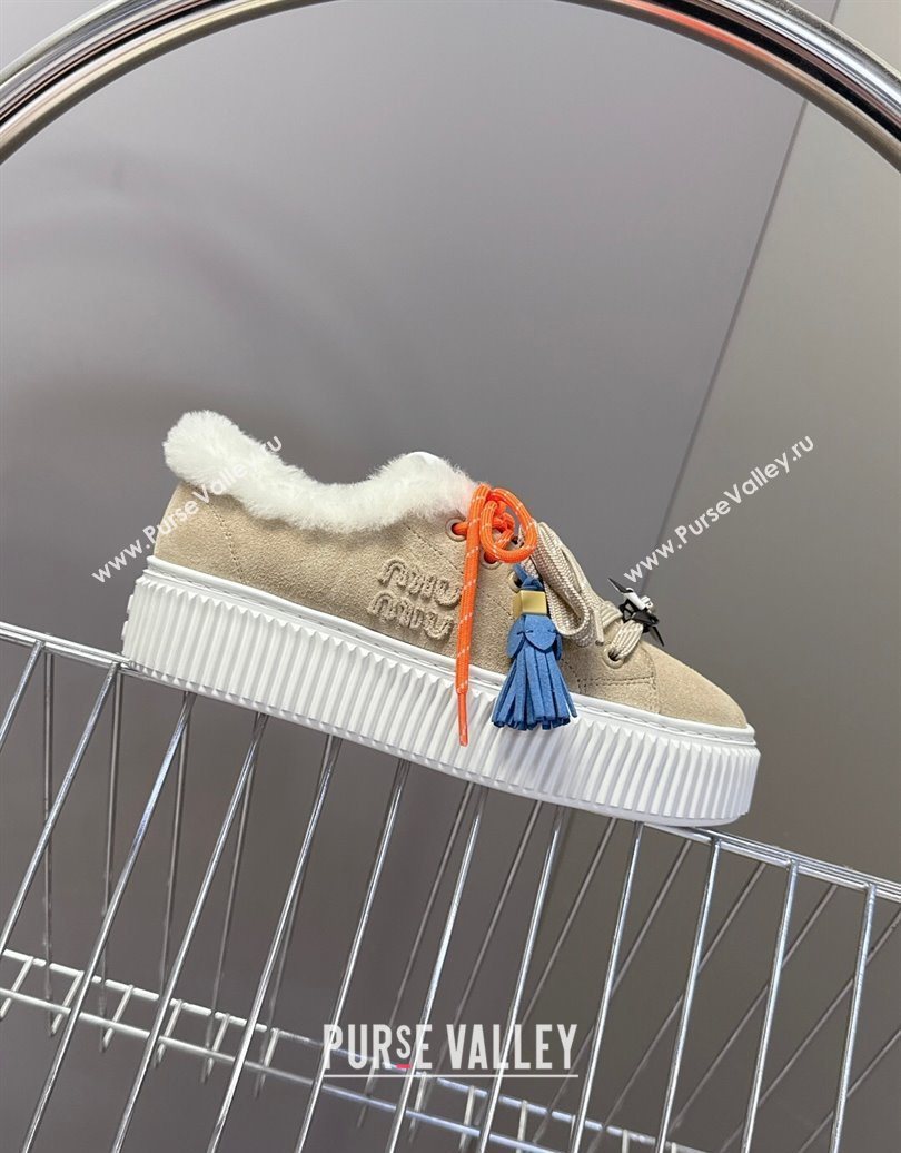 Miu Miu Suede and Wool Platform Sneakers 4.5cm with Charm Beige 2025 1024 (MD-251024098)