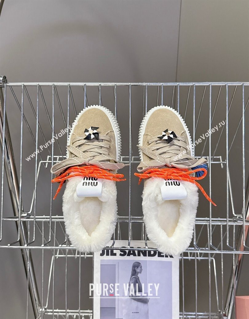 Miu Miu Suede and Wool Platform Sneakers 4.5cm with Charm Beige 2025 1024 (MD-251024098)