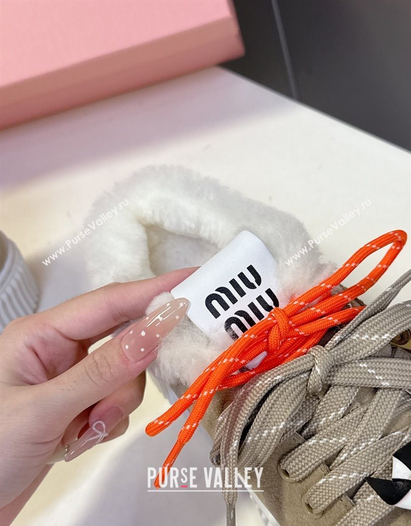 Miu Miu Suede and Wool Platform Sneakers 4.5cm with Charm Beige 2025 1024 (MD-251024098)