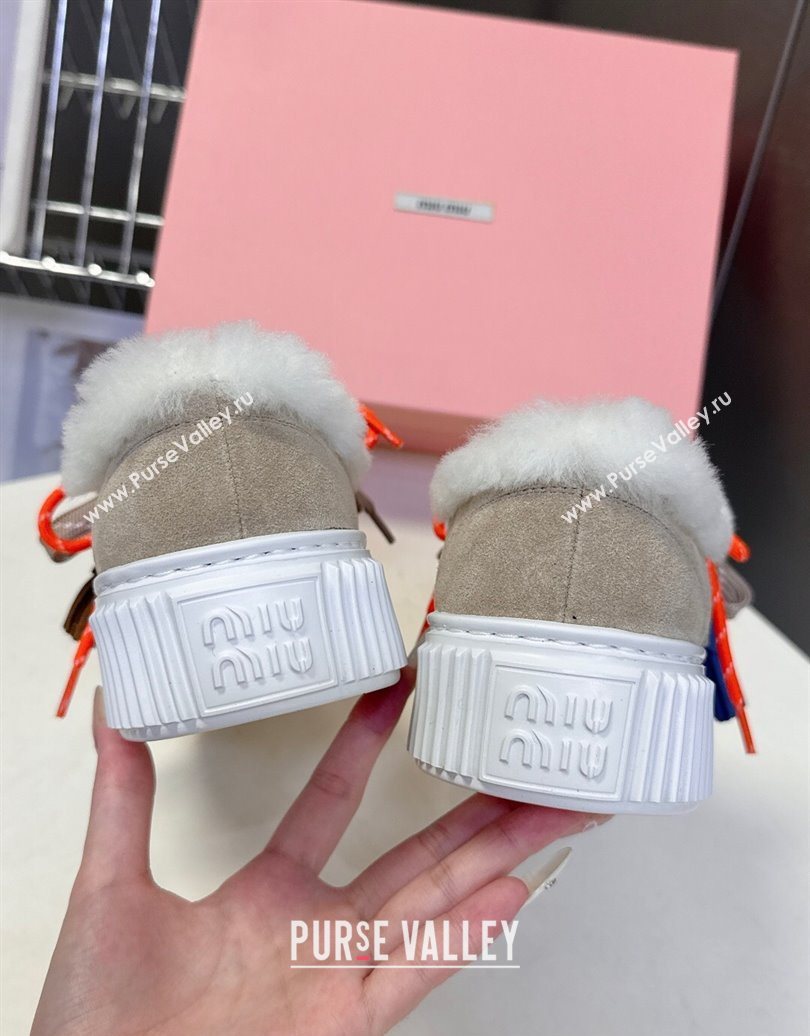 Miu Miu Suede and Wool Platform Sneakers 4.5cm with Charm Beige 2025 1024 (MD-251024098)