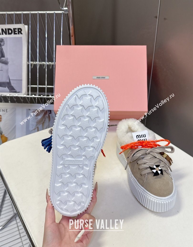 Miu Miu Suede and Wool Platform Sneakers 4.5cm with Charm Beige 2025 1024 (MD-251024098)