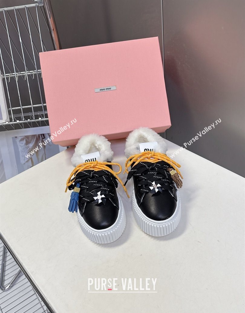 Miu Miu Leather and Wool Platform Sneakers 4.5cm with Charm Black 2025 1024 (MD-251024100)