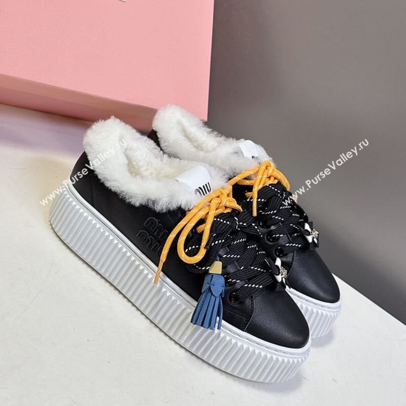 Miu Miu Leather and Wool Platform Sneakers 4.5cm with Charm Black 2025 1024 (MD-251024100)