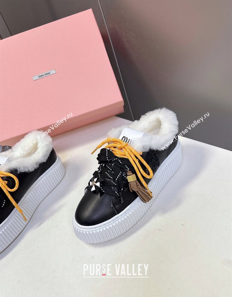 Miu Miu Leather and Wool Platform Sneakers 4.5cm with Charm Black 2025 1024 (MD-251024100)
