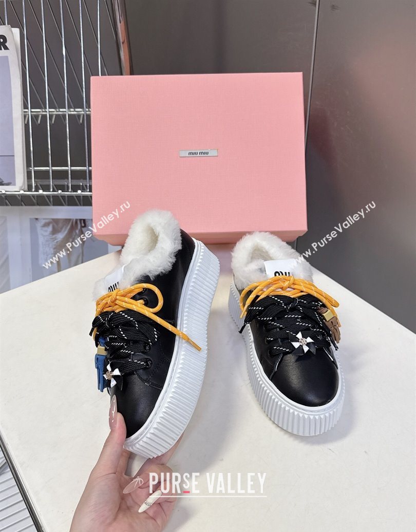 Miu Miu Leather and Wool Platform Sneakers 4.5cm with Charm Black 2025 1024 (MD-251024100)