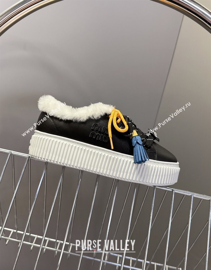 Miu Miu Leather and Wool Platform Sneakers 4.5cm with Charm Black 2025 1024 (MD-251024100)
