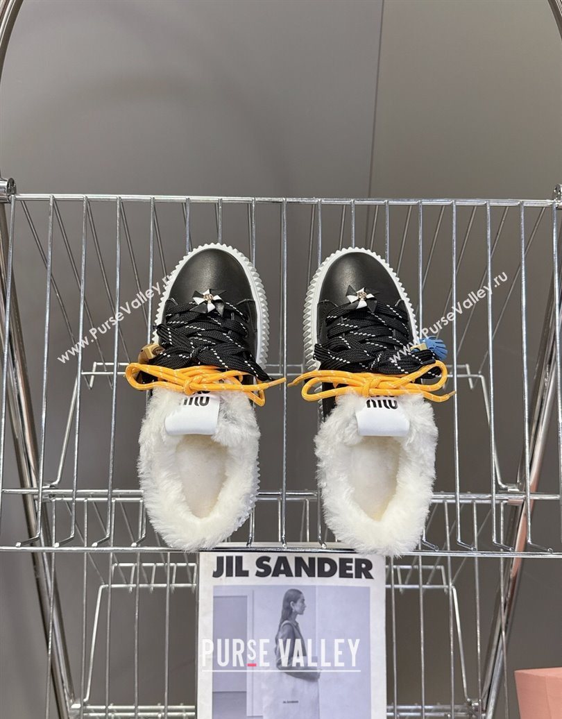 Miu Miu Leather and Wool Platform Sneakers 4.5cm with Charm Black 2025 1024 (MD-251024100)