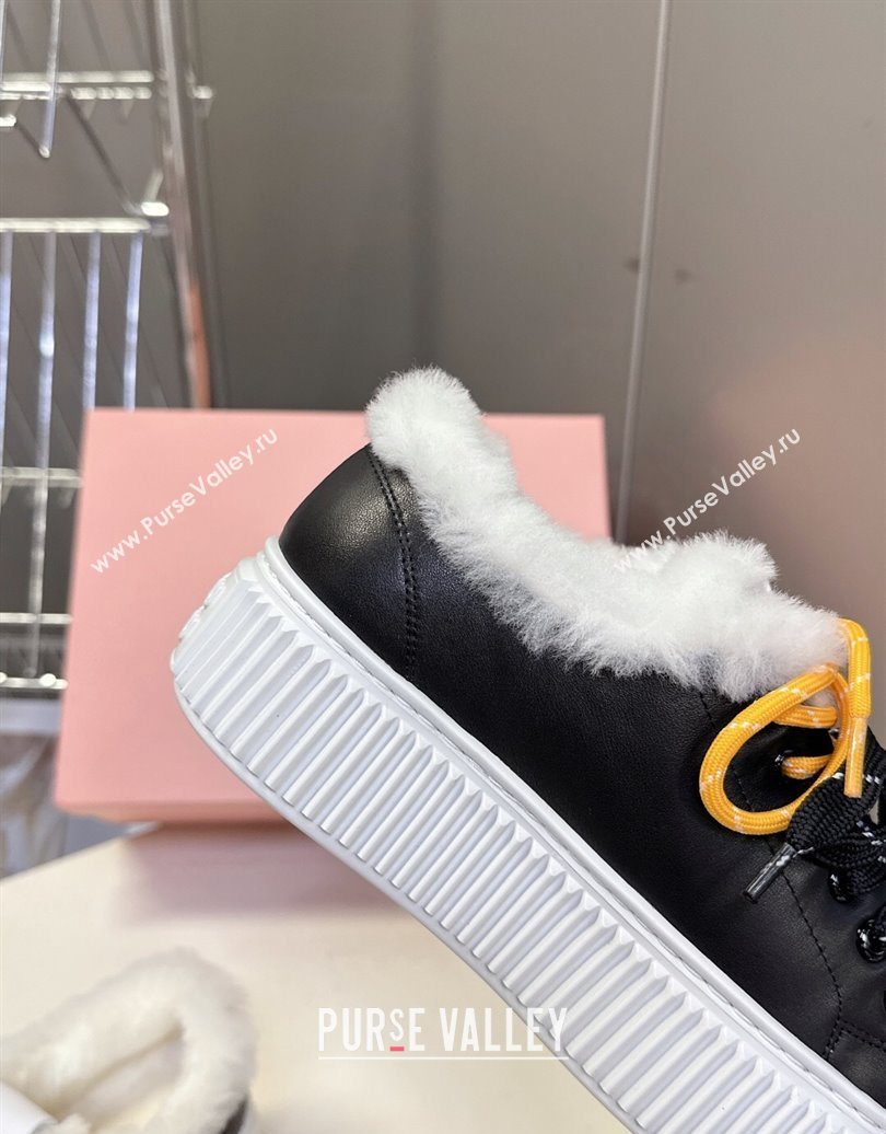 Miu Miu Leather and Wool Platform Sneakers 4.5cm with Charm Black 2025 1024 (MD-251024100)