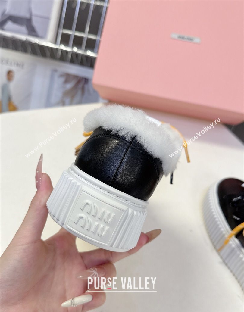 Miu Miu Leather and Wool Platform Sneakers 4.5cm with Charm Black 2025 1024 (MD-251024100)