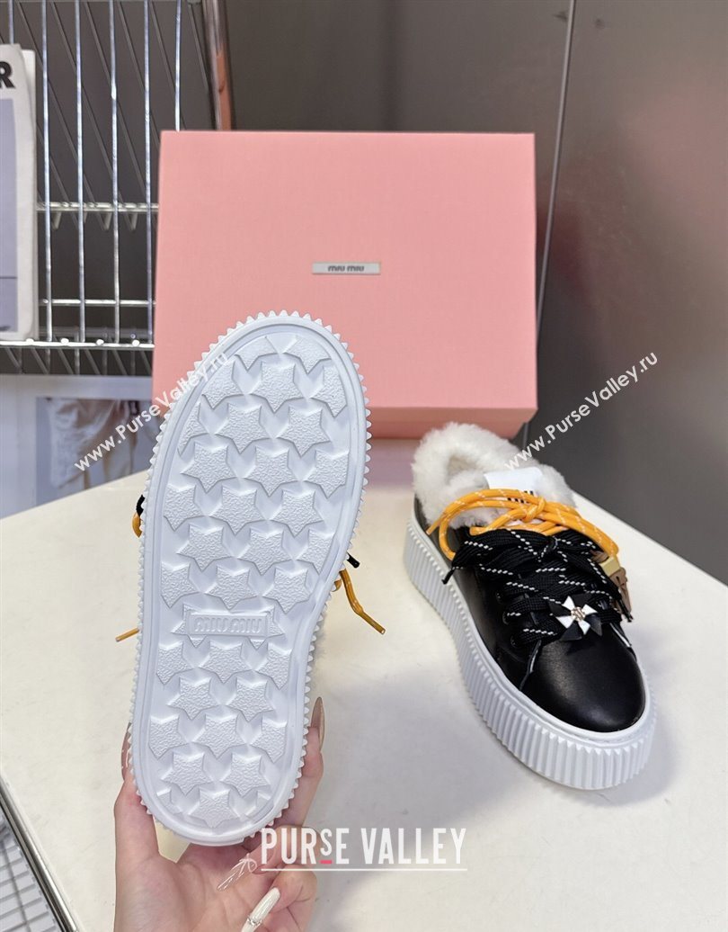 Miu Miu Leather and Wool Platform Sneakers 4.5cm with Charm Black 2025 1024 (MD-251024100)