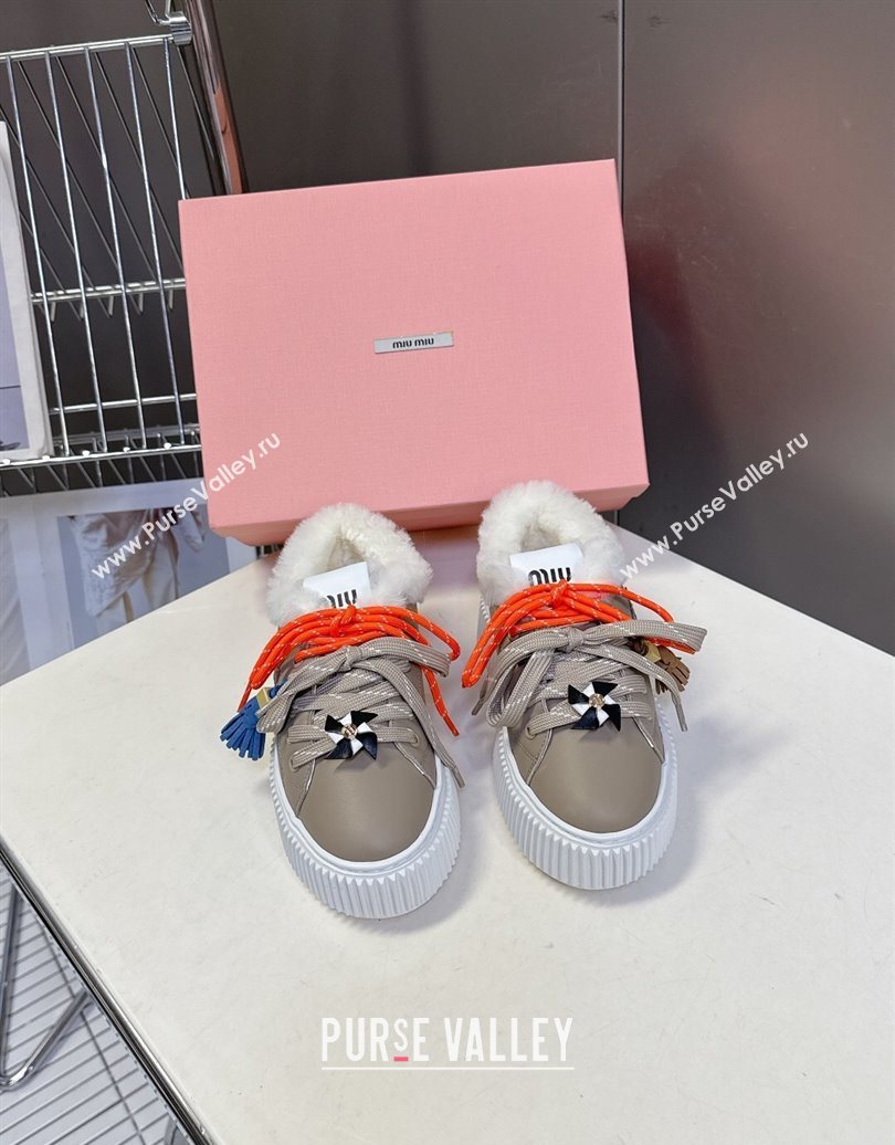 Miu Miu Leather and Wool Platform Sneakers 4.5cm with Charm Grey 2025 1024 (MD-251024101)