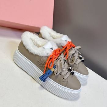 Miu Miu Leather and Wool Platform Sneakers 4.5cm with Charm Grey 2025 1024 (MD-251024101)