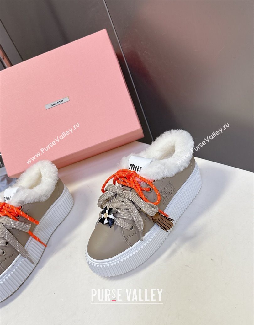 Miu Miu Leather and Wool Platform Sneakers 4.5cm with Charm Grey 2025 1024 (MD-251024101)