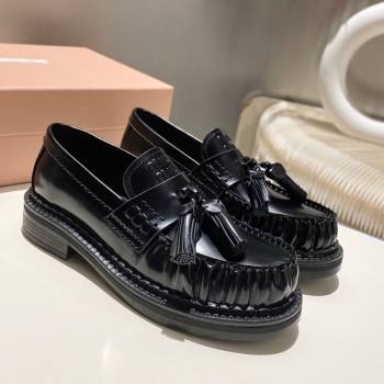 Miu Miu Tassel Loafers in Polished Leather Black 2025 5D497E (MD-251025003)