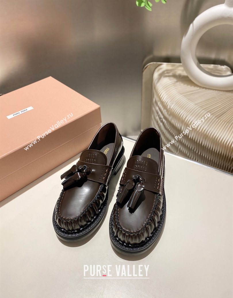 Miu Miu Tassel Loafers in Polished Leather Dark Brown 2025 5D497E (MD-251025004)