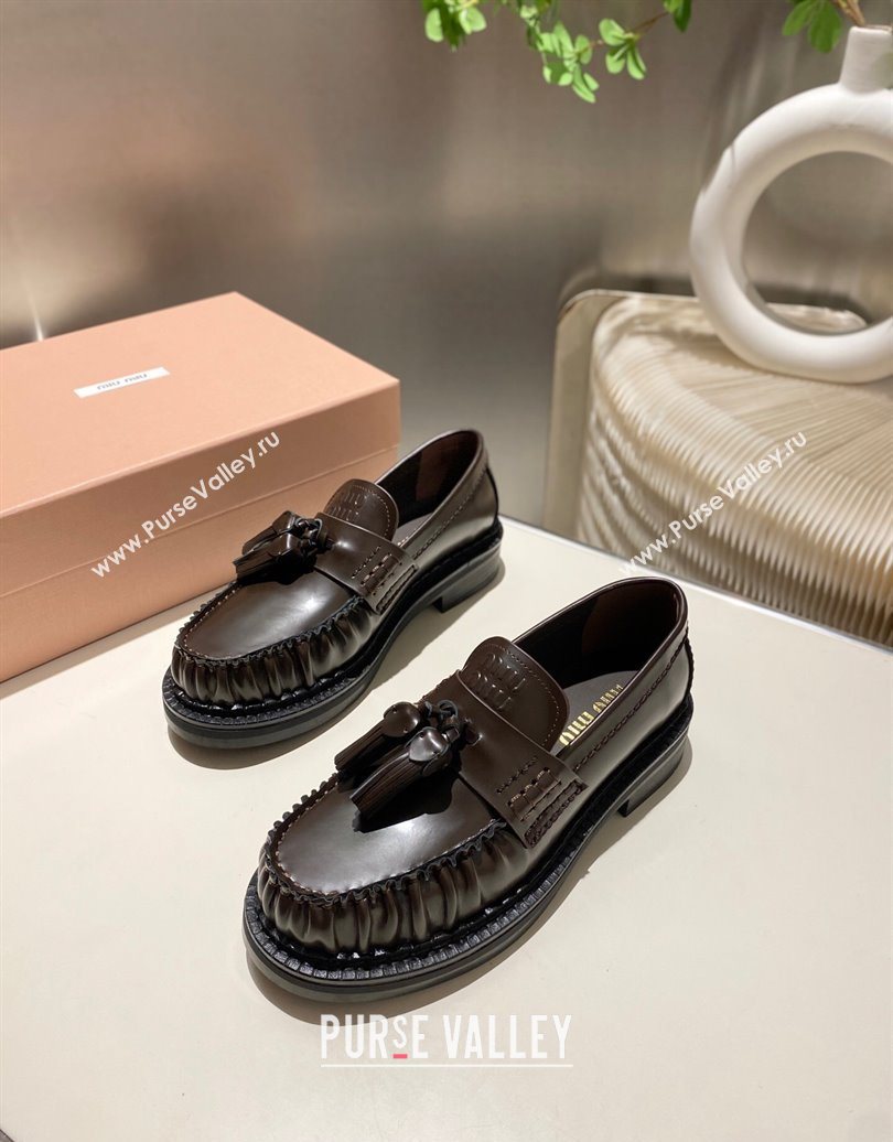 Miu Miu Tassel Loafers in Polished Leather Dark Brown 2025 5D497E (MD-251025004)