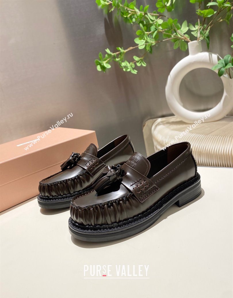 Miu Miu Tassel Loafers in Polished Leather Dark Brown 2025 5D497E (MD-251025004)