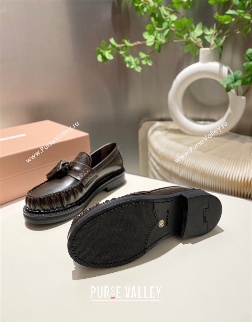 Miu Miu Tassel Loafers in Polished Leather Dark Brown 2025 5D497E (MD-251025004)