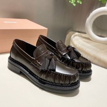 Miu Miu Tassel Loafers in Polished Leather Dark Brown 2025 5D497E (MD-251025004)