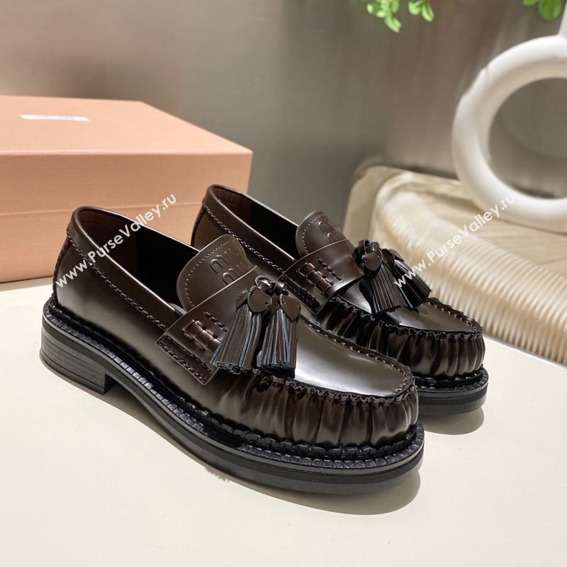 Miu Miu Tassel Loafers in Polished Leather Dark Brown 2025 5D497E (MD-251025004)