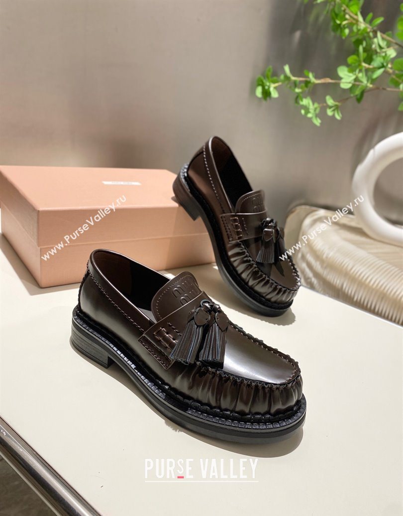 Miu Miu Tassel Loafers in Polished Leather Dark Brown 2025 5D497E (MD-251025004)