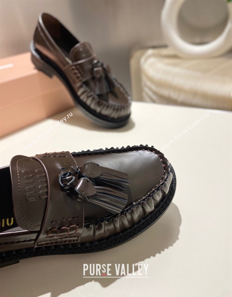 Miu Miu Tassel Loafers in Polished Leather Dark Brown 2025 5D497E (MD-251025004)