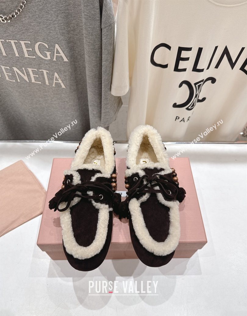 Miu Miu Tassel and Beads Loafers in Suede and Wool Dark Brown 2025 5D518E (MD-251025006)