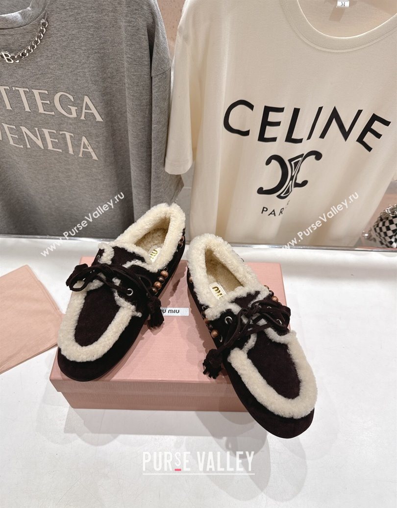 Miu Miu Tassel and Beads Loafers in Suede and Wool Dark Brown 2025 5D518E (MD-251025006)