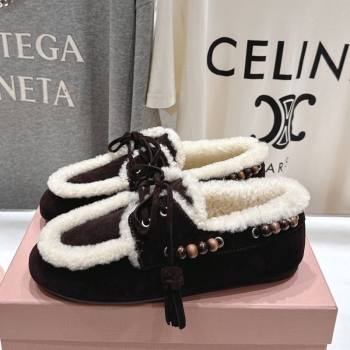 Miu Miu Tassel and Beads Loafers in Suede and Wool Dark Brown 2025 5D518E (MD-251025006)