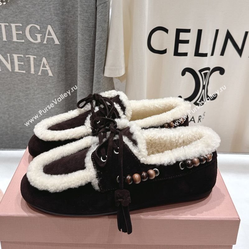 Miu Miu Tassel and Beads Loafers in Suede and Wool Dark Brown 2025 5D518E (MD-251025006)