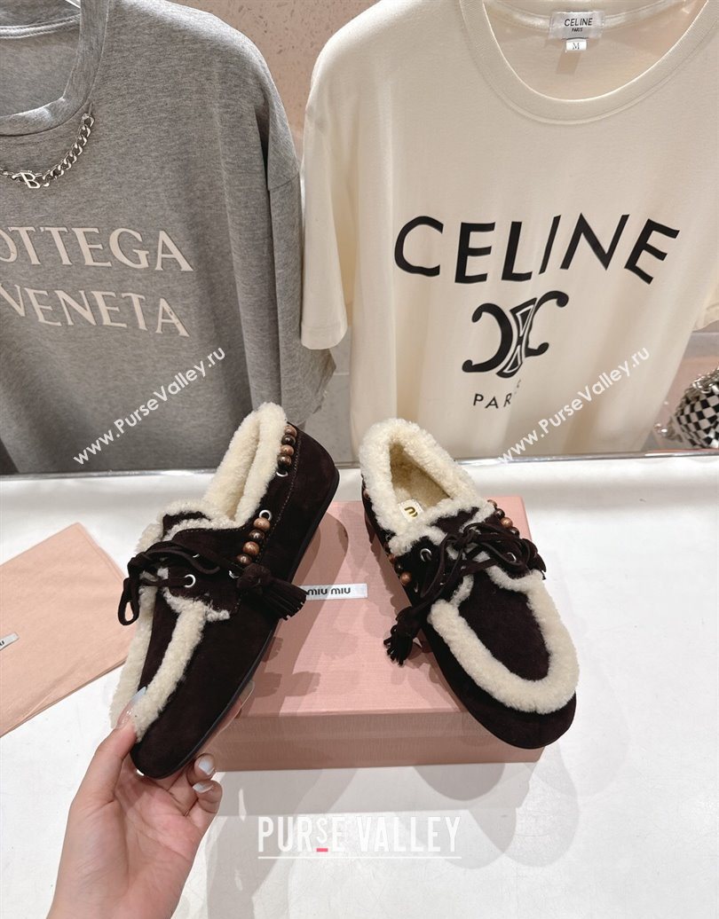 Miu Miu Tassel and Beads Loafers in Suede and Wool Dark Brown 2025 5D518E (MD-251025006)