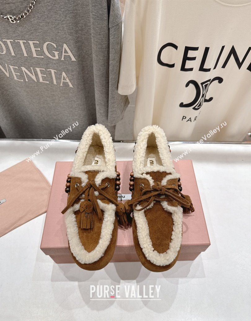 Miu Miu Tassel and Beads Loafers in Suede and Wool Brown2 2025 5D518E (MD-251025007)