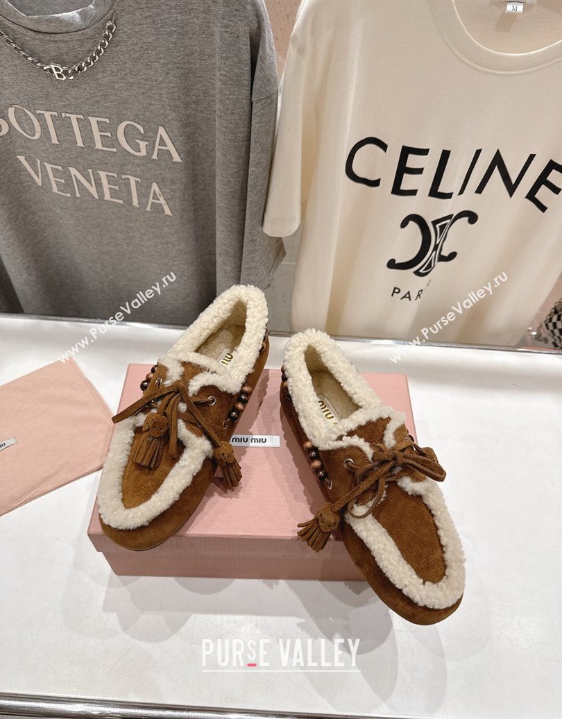 Miu Miu Tassel and Beads Loafers in Suede and Wool Brown2 2025 5D518E (MD-251025007)