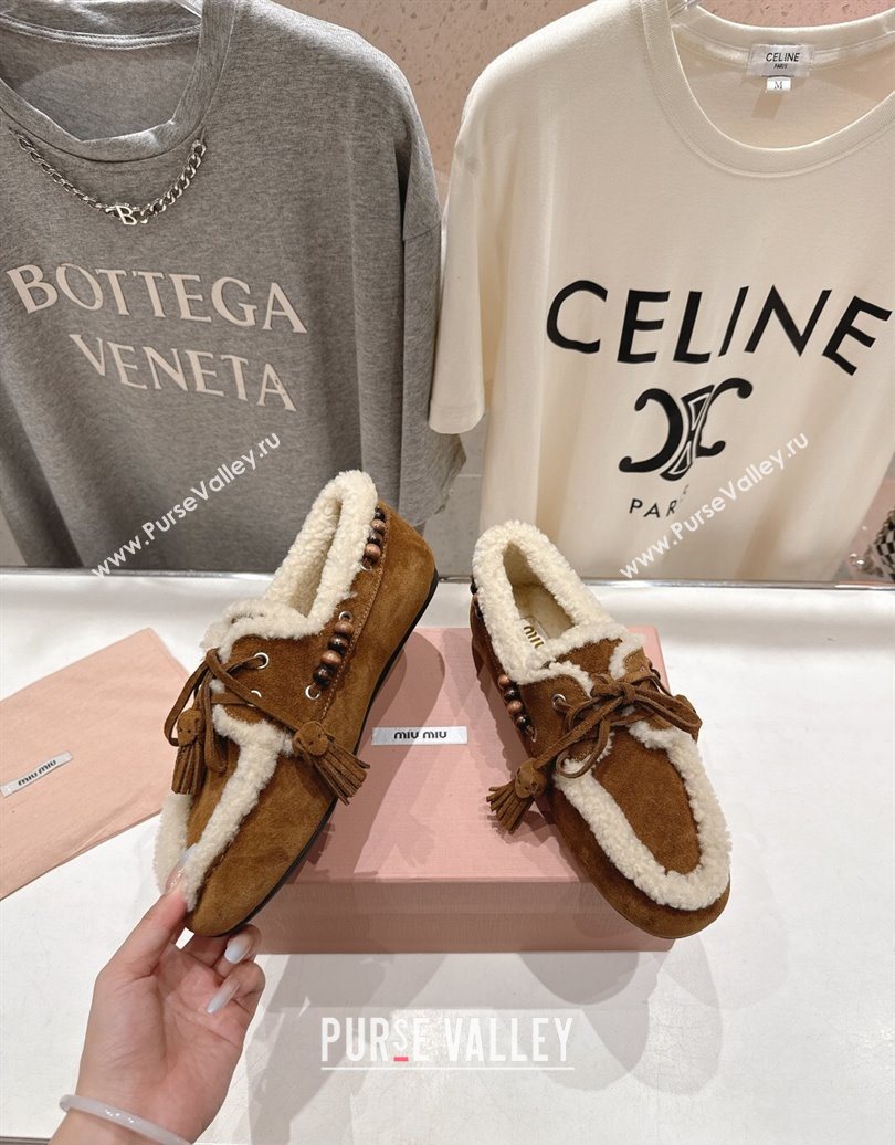 Miu Miu Tassel and Beads Loafers in Suede and Wool Brown2 2025 5D518E (MD-251025007)