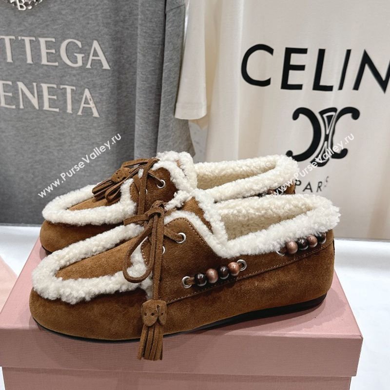 Miu Miu Tassel and Beads Loafers in Suede and Wool Brown2 2025 5D518E (MD-251025007)