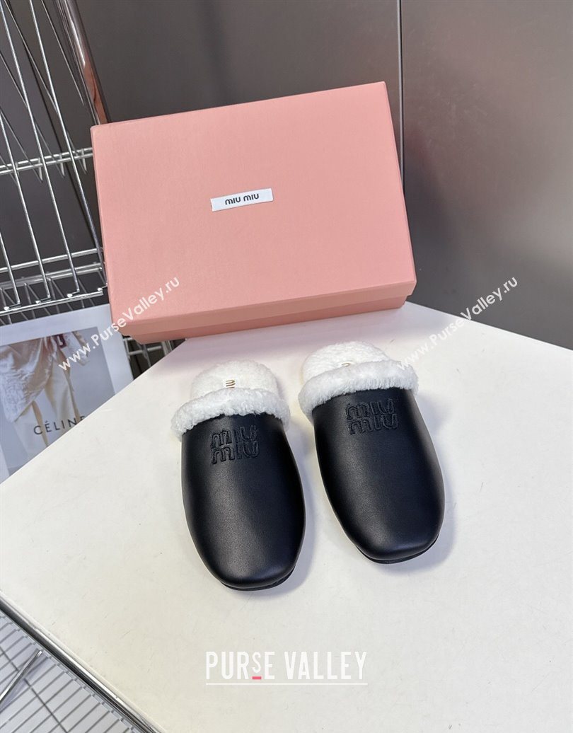 Miu Miu Leather and Wool Flat Mules Black 2025 MM102502 (MD-251025056)