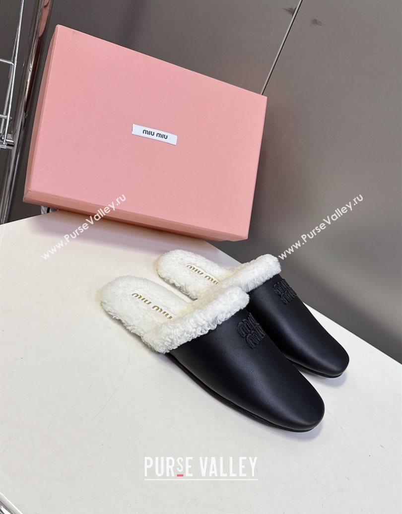 Miu Miu Leather and Wool Flat Mules Black 2025 MM102502 (MD-251025056)