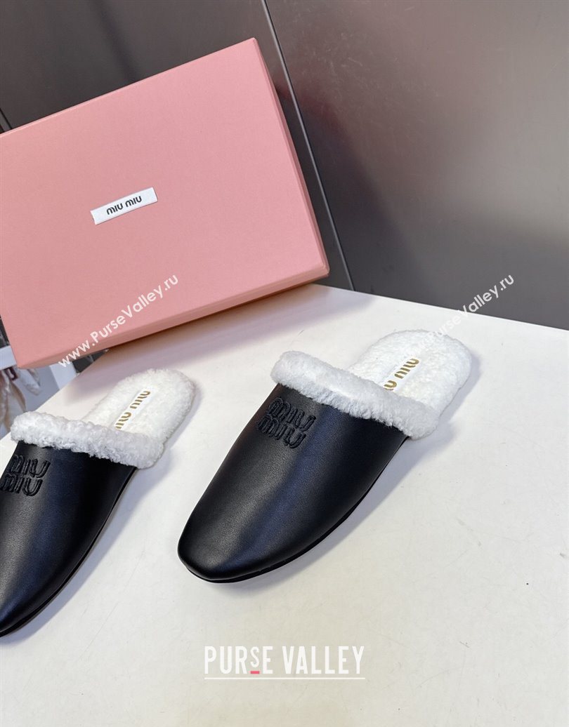 Miu Miu Leather and Wool Flat Mules Black 2025 MM102502 (MD-251025056)