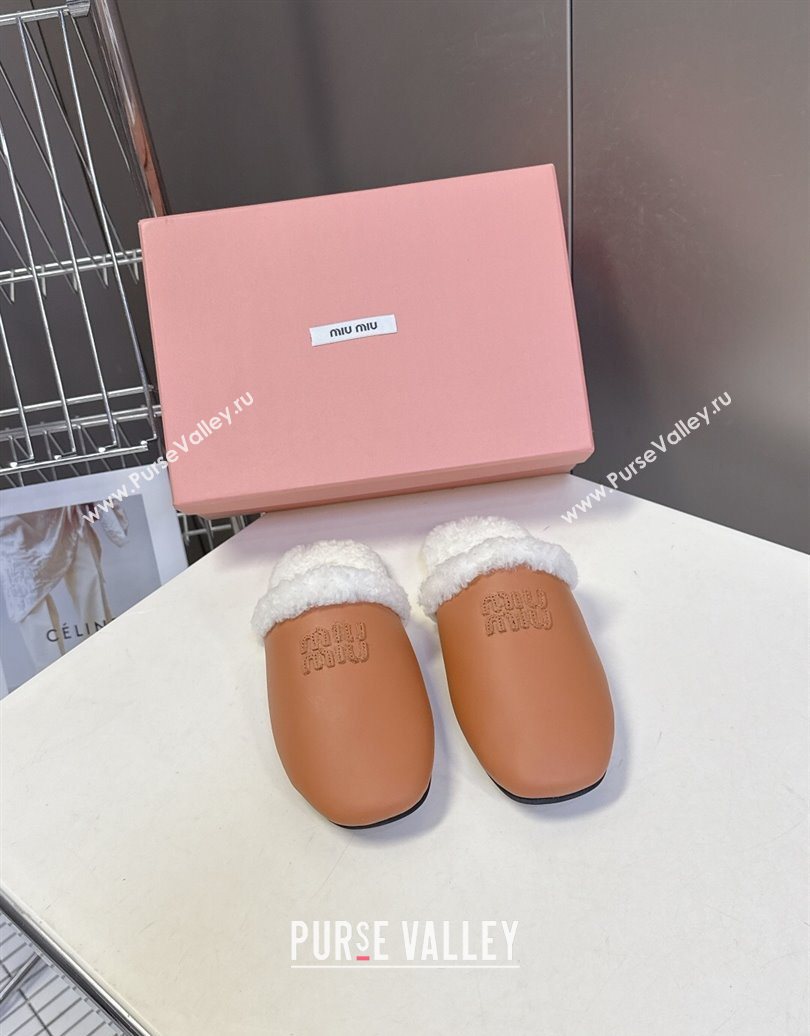 Miu Miu Leather and Wool Flat Mules Brown 2025 MM102502 (MD-251025057)