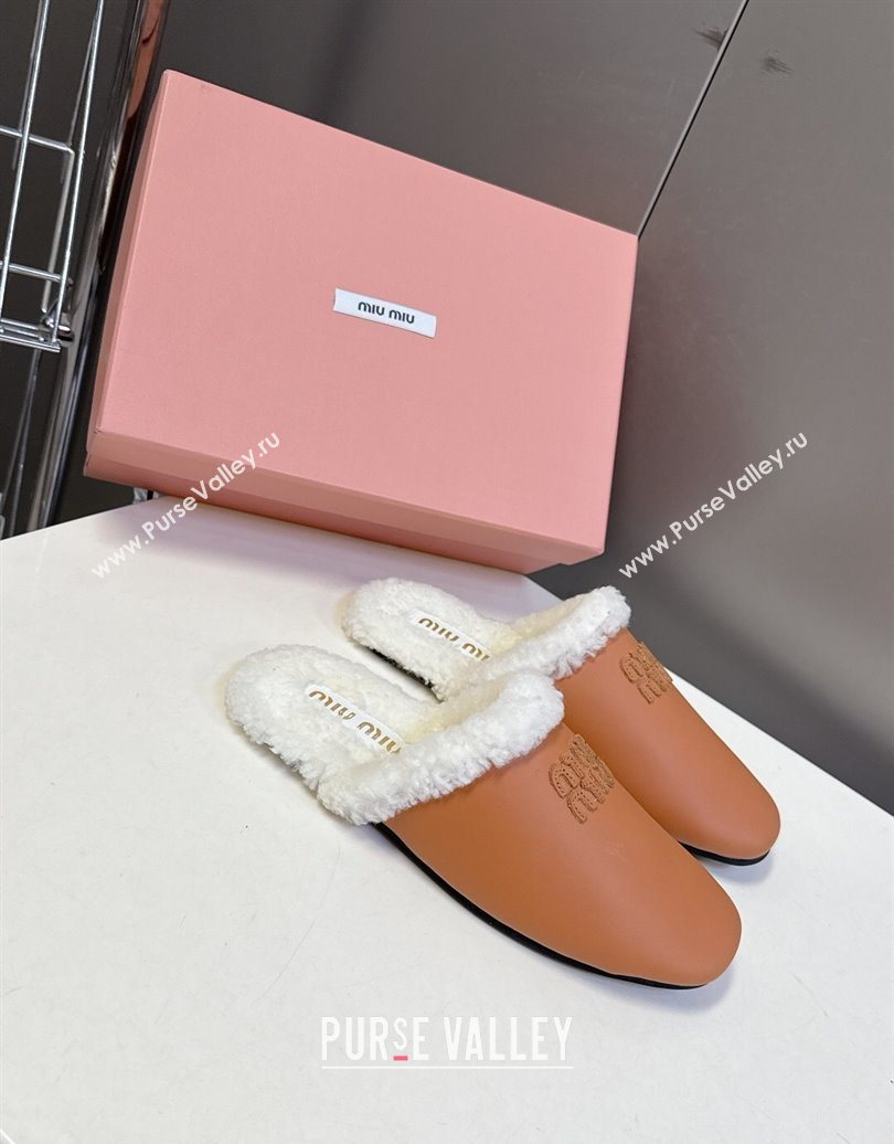Miu Miu Leather and Wool Flat Mules Brown 2025 MM102502 (MD-251025057)