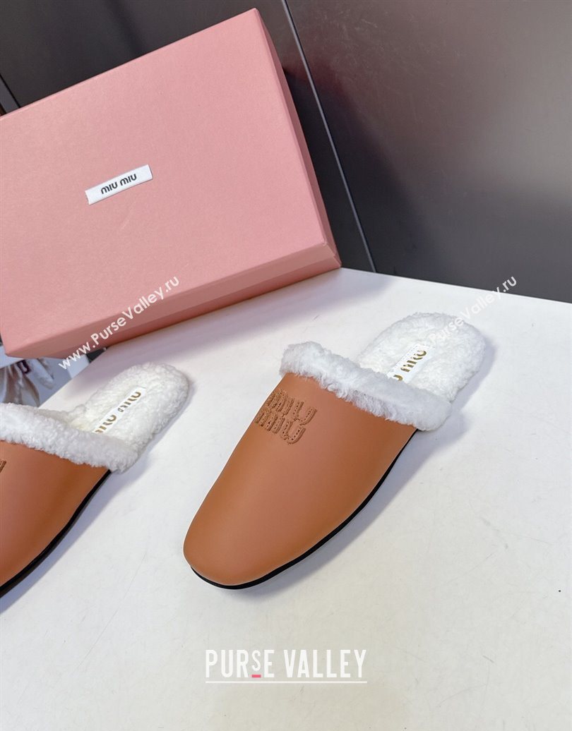 Miu Miu Leather and Wool Flat Mules Brown 2025 MM102502 (MD-251025057)