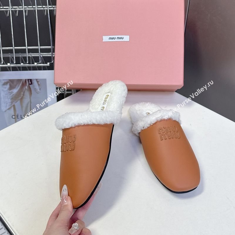 Miu Miu Leather and Wool Flat Mules Brown 2025 MM102502 (MD-251025057)