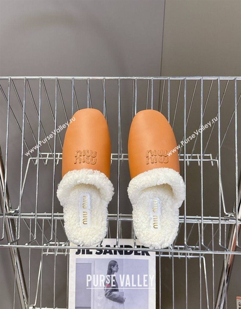 Miu Miu Leather and Wool Flat Mules Brown 2025 MM102502 (MD-251025057)