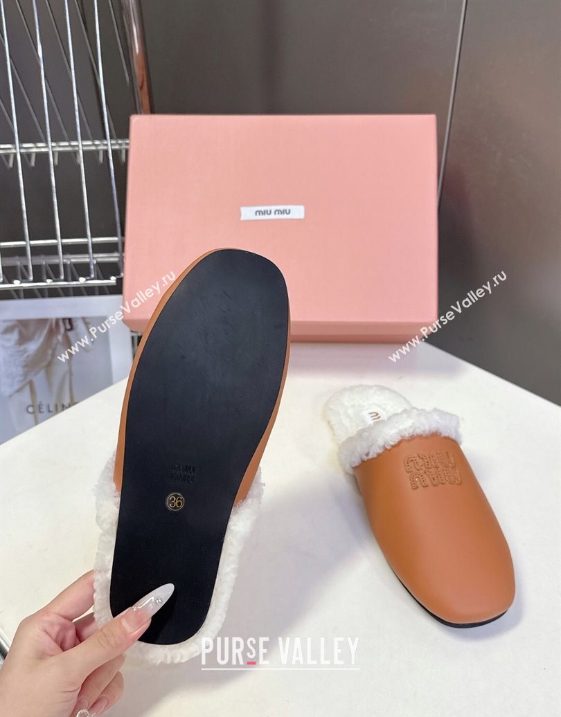 Miu Miu Leather and Wool Flat Mules Brown 2025 MM102502 (MD-251025057)